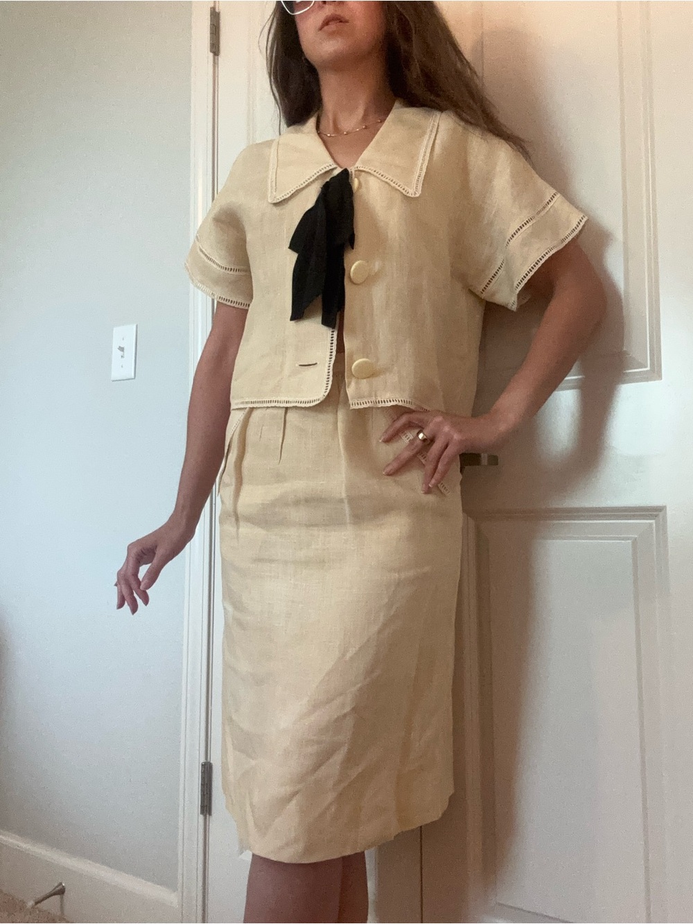 Vintage 80s Neiman Marcus 100% Linen Skirt Set Black Silk Bow Lace Trim Sz 8